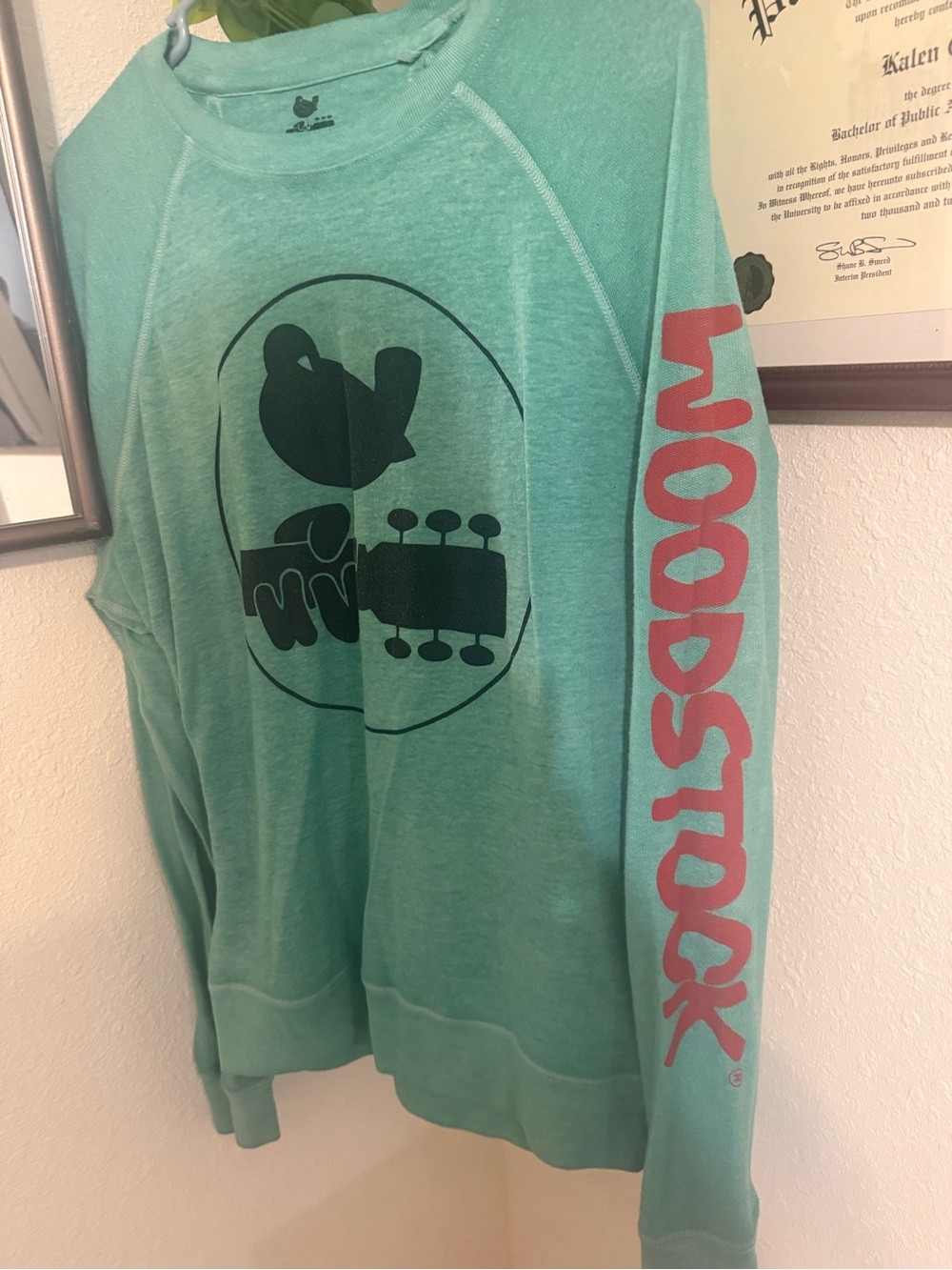 Lucky Brand Mint Green Pullover with Pink Sleeve Graphic